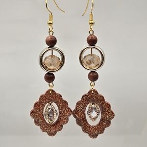 #B363-  Gold and Brown Drop Earrings- Sandstone Beads